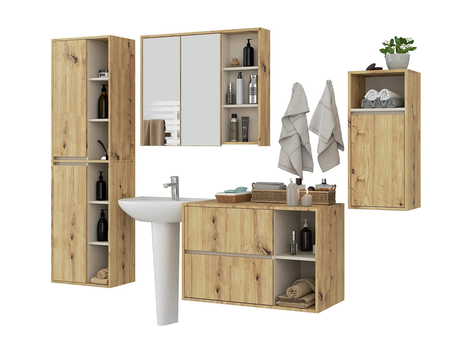 Badkamermeubelset VAMI 4-delige / hangende Badkamerkasten / 21 Planken en 2 Lades / Artisan Eik - Kasjmier / AKORD Furniture Factory