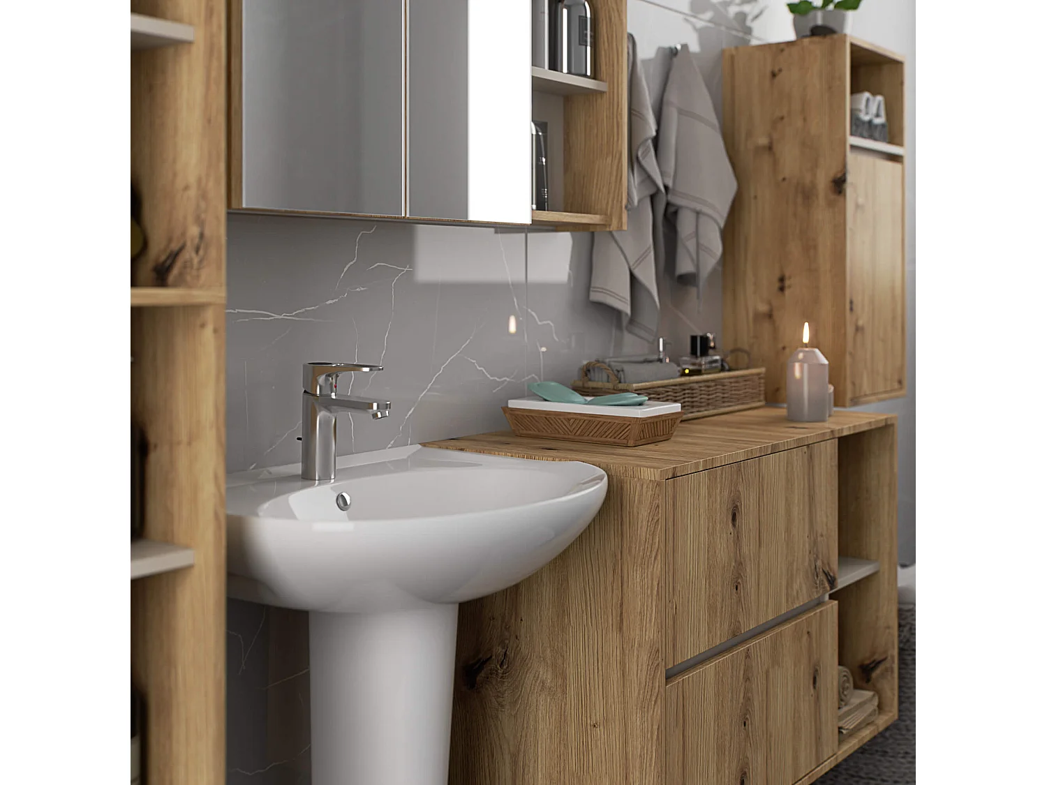 Badkamermeubelset VAMI 4-delige / hangende Badkamerkasten / 21 Planken en 2 Lades / Artisan Eik - Kasjmier / AKORD Furniture Factory