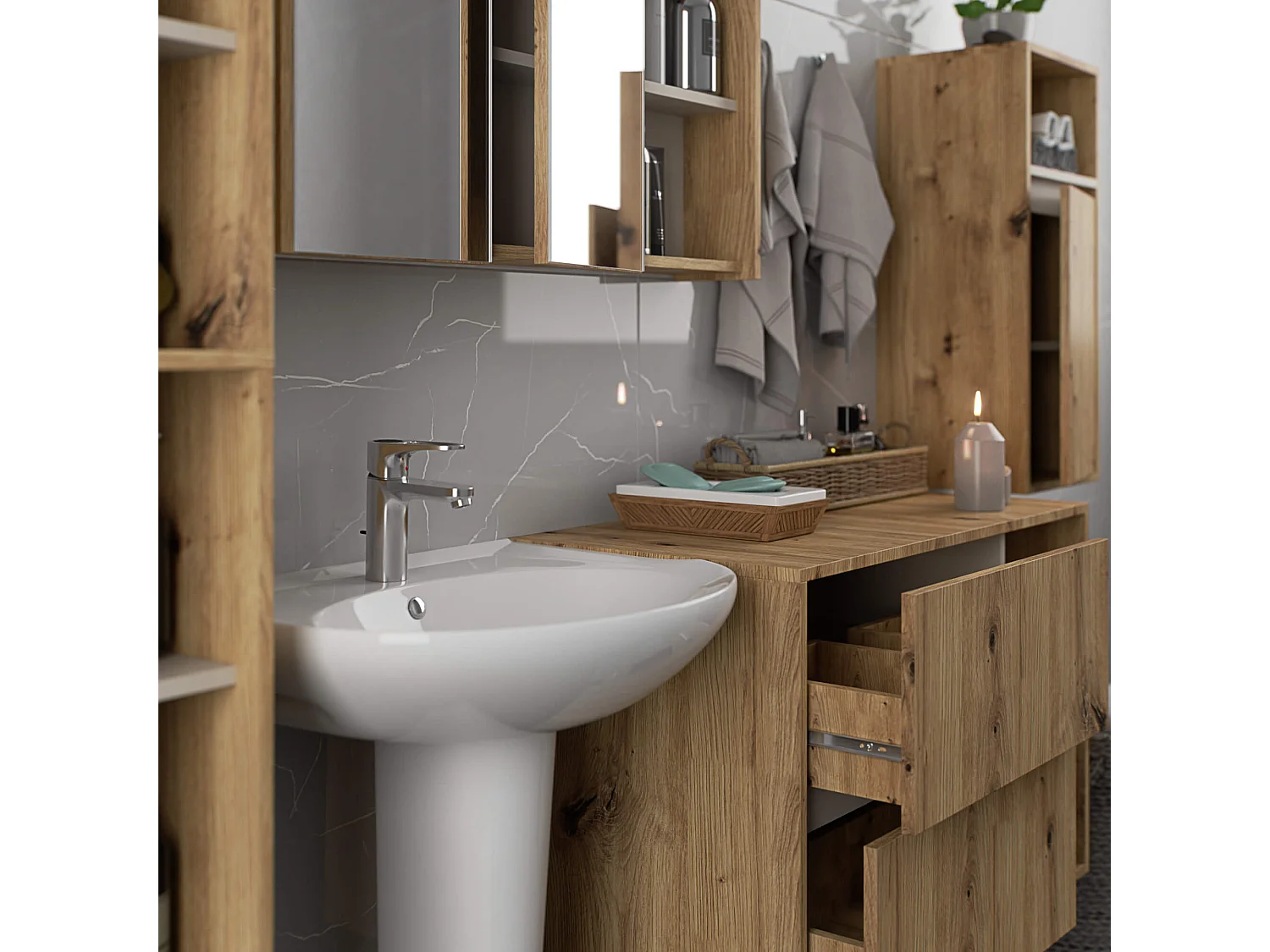 Badkamermeubelset VAMI 4-delige / hangende Badkamerkasten / 21 Planken en 2 Lades / Artisan Eik - Kasjmier / AKORD Furniture Factory