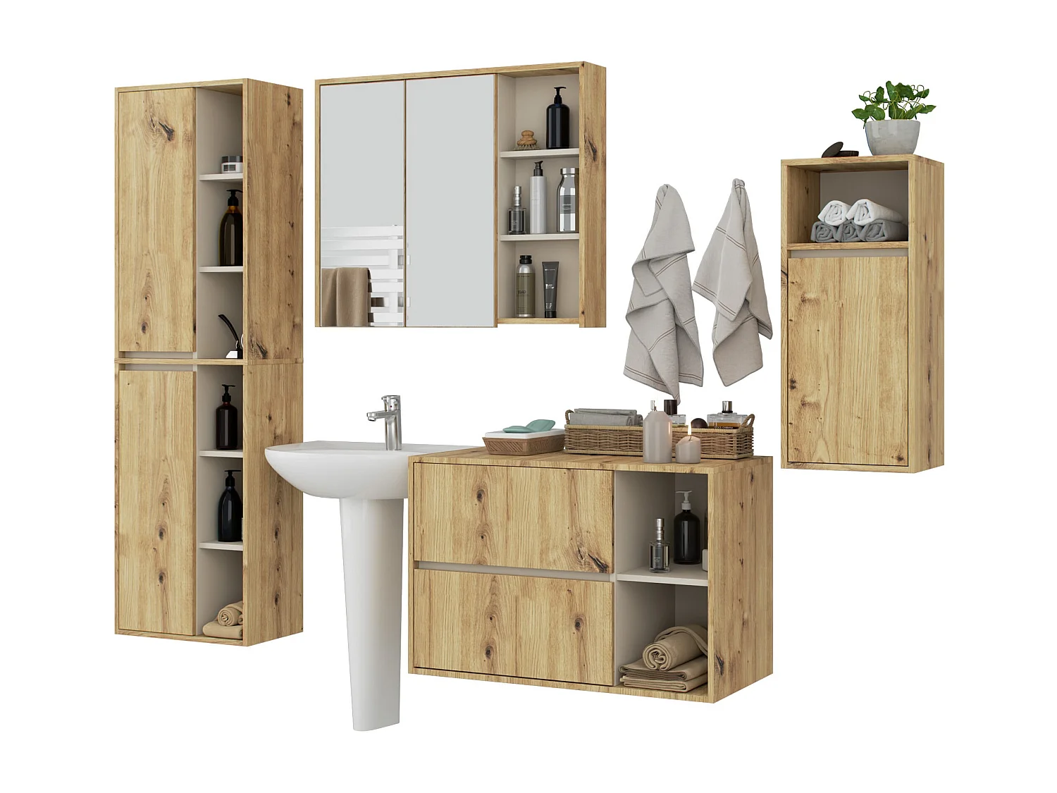 Hängendes Badezimmermöbel-Set VAMI in Artisan Eiche mit Innen in Kaschmir