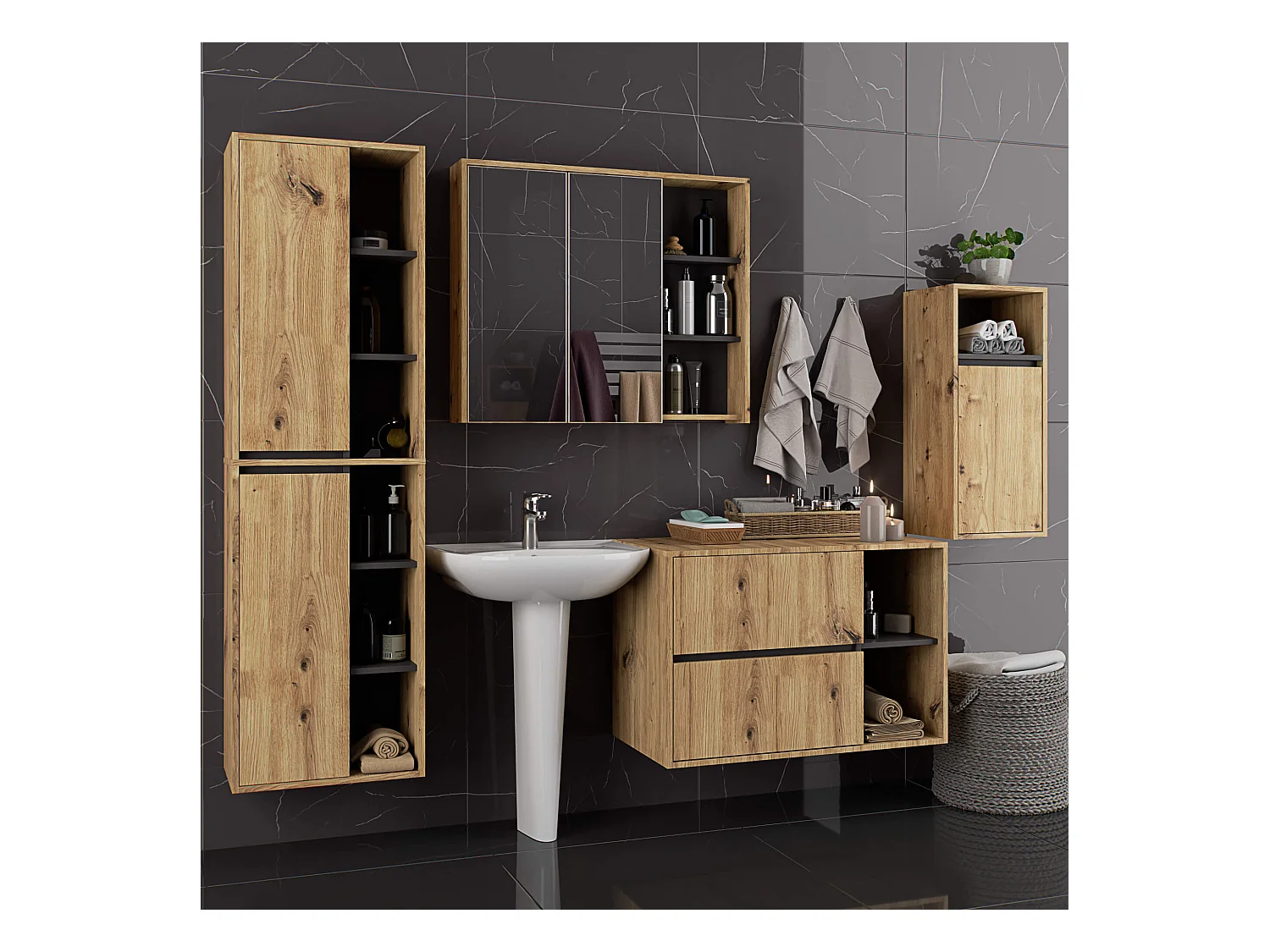 Badkamermeubelset VAMI 4-delige / hangende Badkamerkasten / 21 Planken en 2 Lades / Artisan Eik - Grafietgrijs / AKORD Furniture Factory