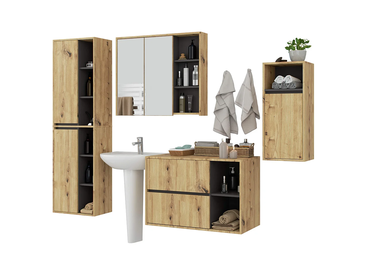 Badkamermeubelset VAMI 4-delige / hangende Badkamerkasten / 21 Planken en 2 Lades / Artisan Eik - Grafietgrijs / AKORD Furniture Factory