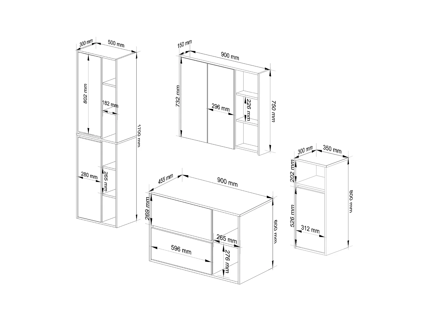 Badkamermeubelset VAMI 4-delige / hangende Badkamerkasten / 21 Planken en 2 Lades / Artisan Eik - Grafietgrijs / AKORD Furniture Factory