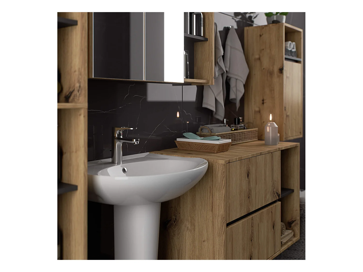 Badkamermeubelset VAMI 4-delige / hangende Badkamerkasten / 21 Planken en 2 Lades / Artisan Eik - Grafietgrijs / AKORD Furniture Factory