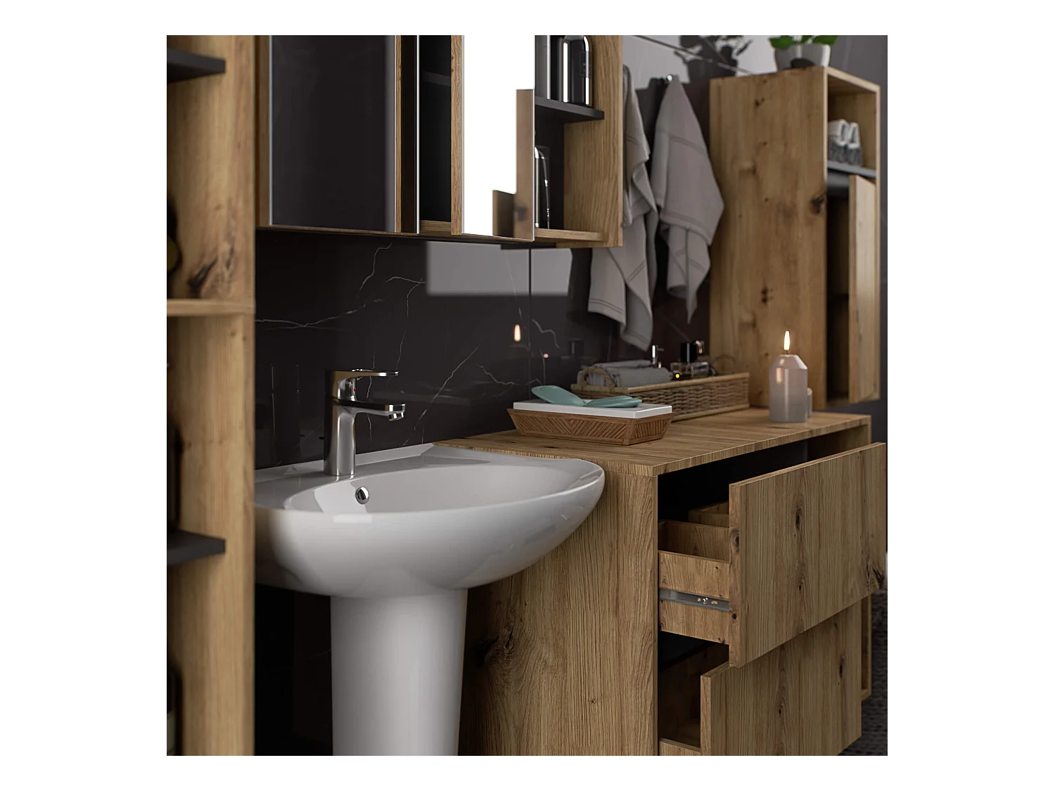 Badkamermeubelset VAMI 4-delige / hangende Badkamerkasten / 21 Planken en 2 Lades / Artisan Eik - Grafietgrijs / AKORD Furniture Factory