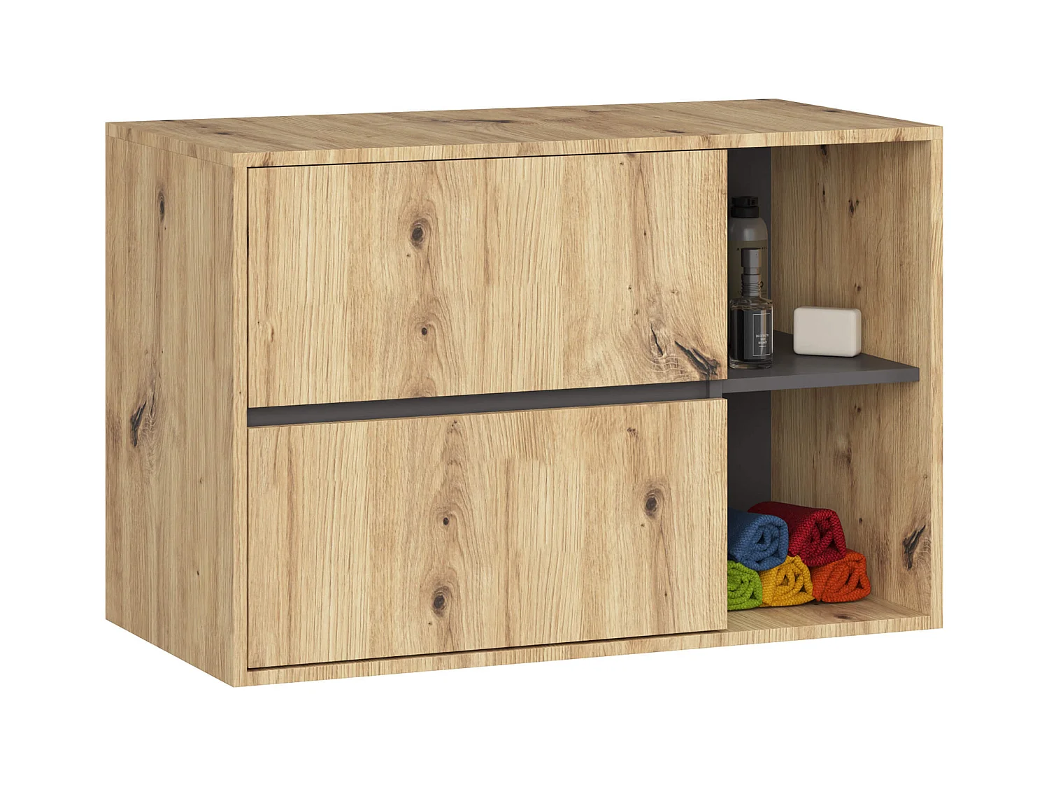 Badkamermeubelset VAMI 4-delige / hangende Badkamerkasten / 21 Planken en 2 Lades / Artisan Eik - Grafietgrijs / AKORD Furniture Factory