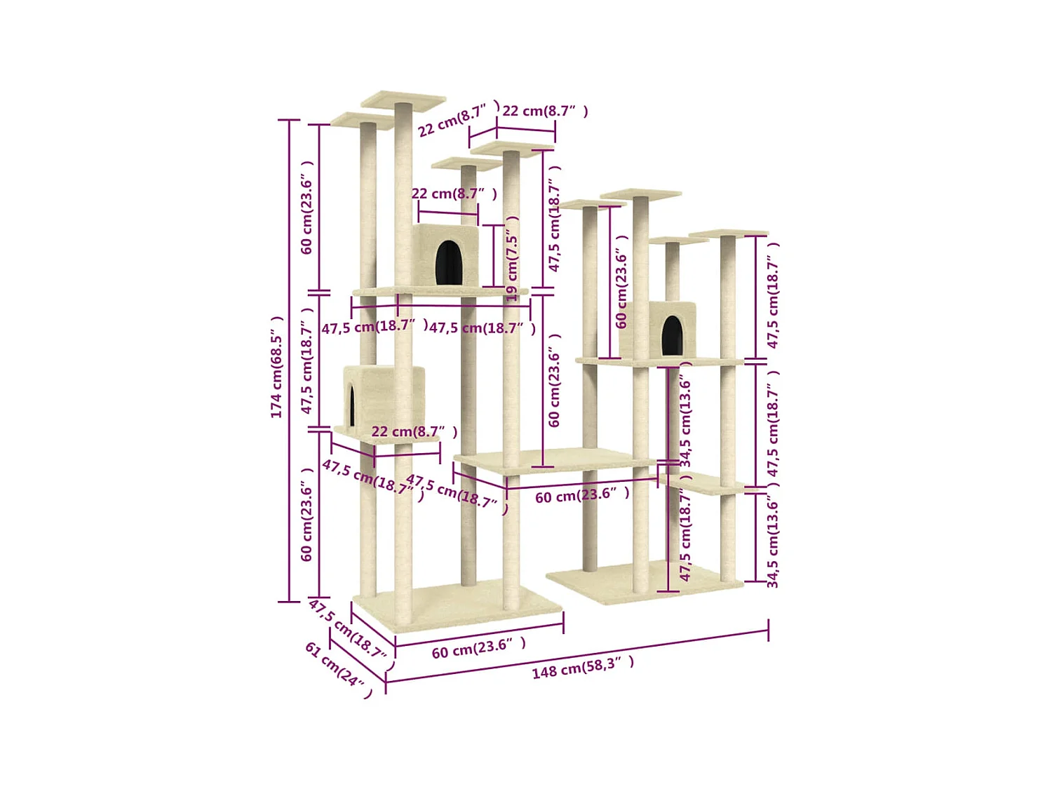 Alain-Paul  Arbre à chat avec griffoirs en sisal Crème 174 cm