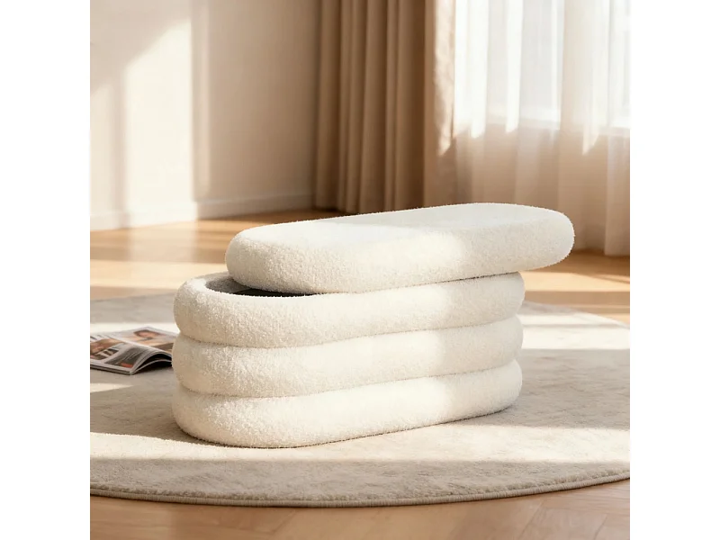 Miro - Banc coffre en tissu bouclette L85cm - Blanc