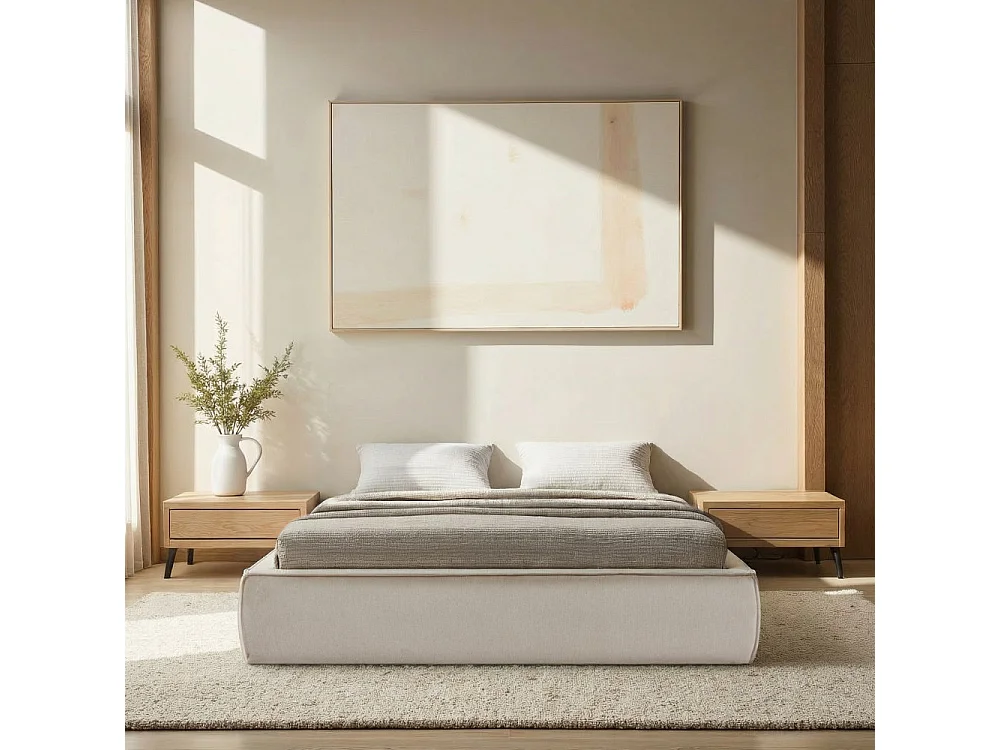 Liberio - Lit coffre en tissu 140x190cm - Beige