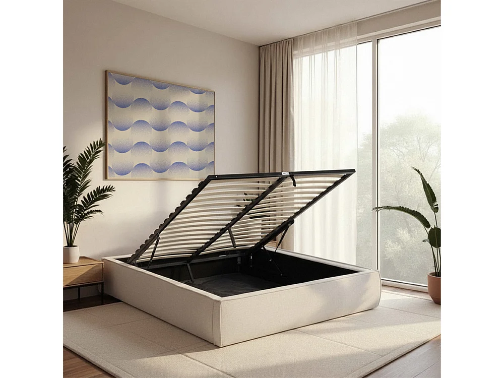 Liberio - Lit coffre en tissu 160x200cm - Beige