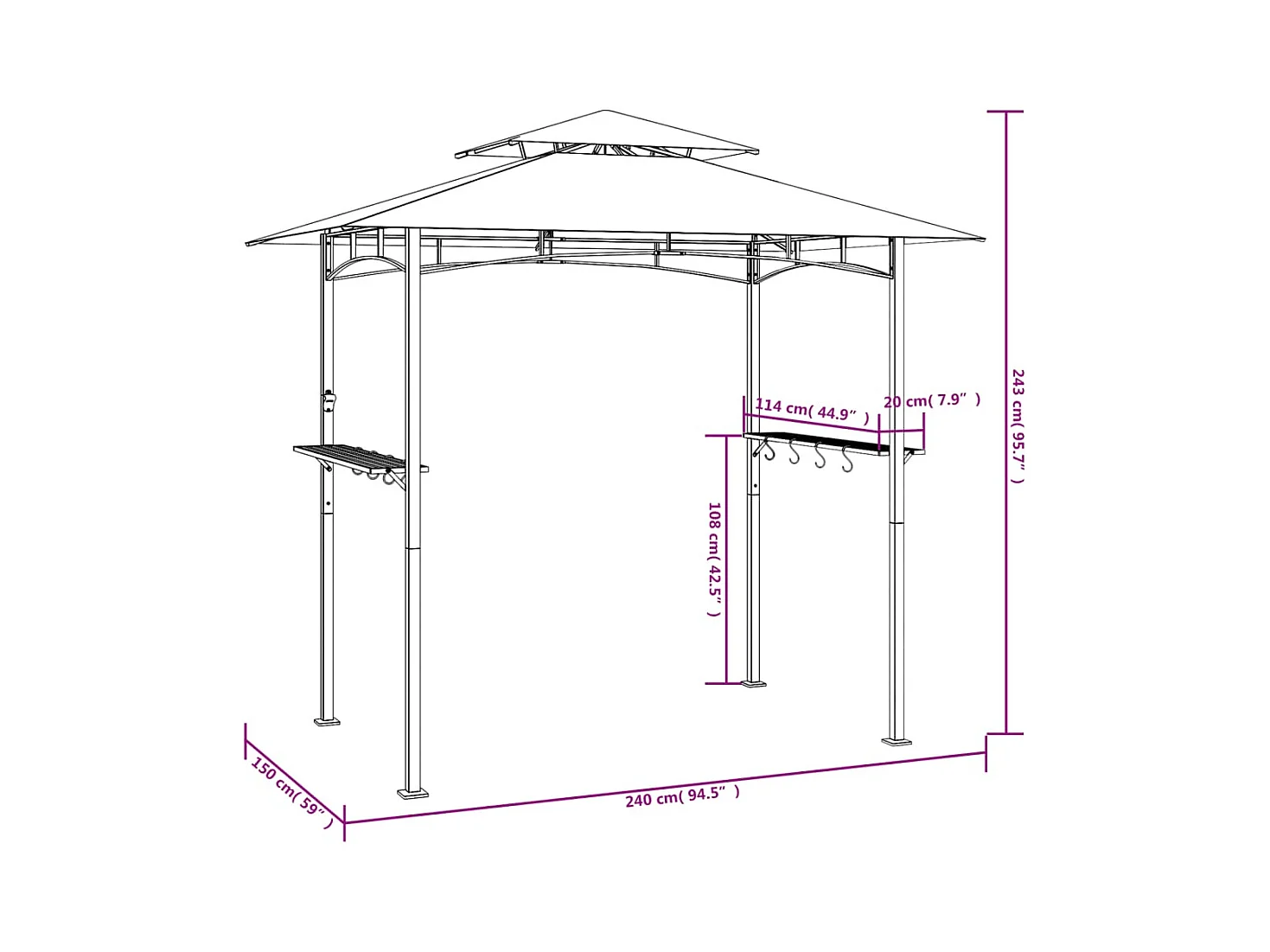 Cenador barbacoa y estantes laterales antracita 240x150x243cm acero