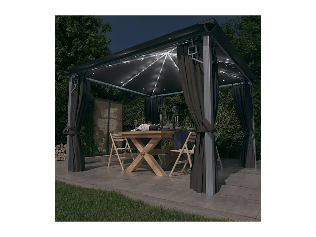 Pavillon mit Vorhang und LED-Beleuchtung 3x3 m Anthrazit Aluminium