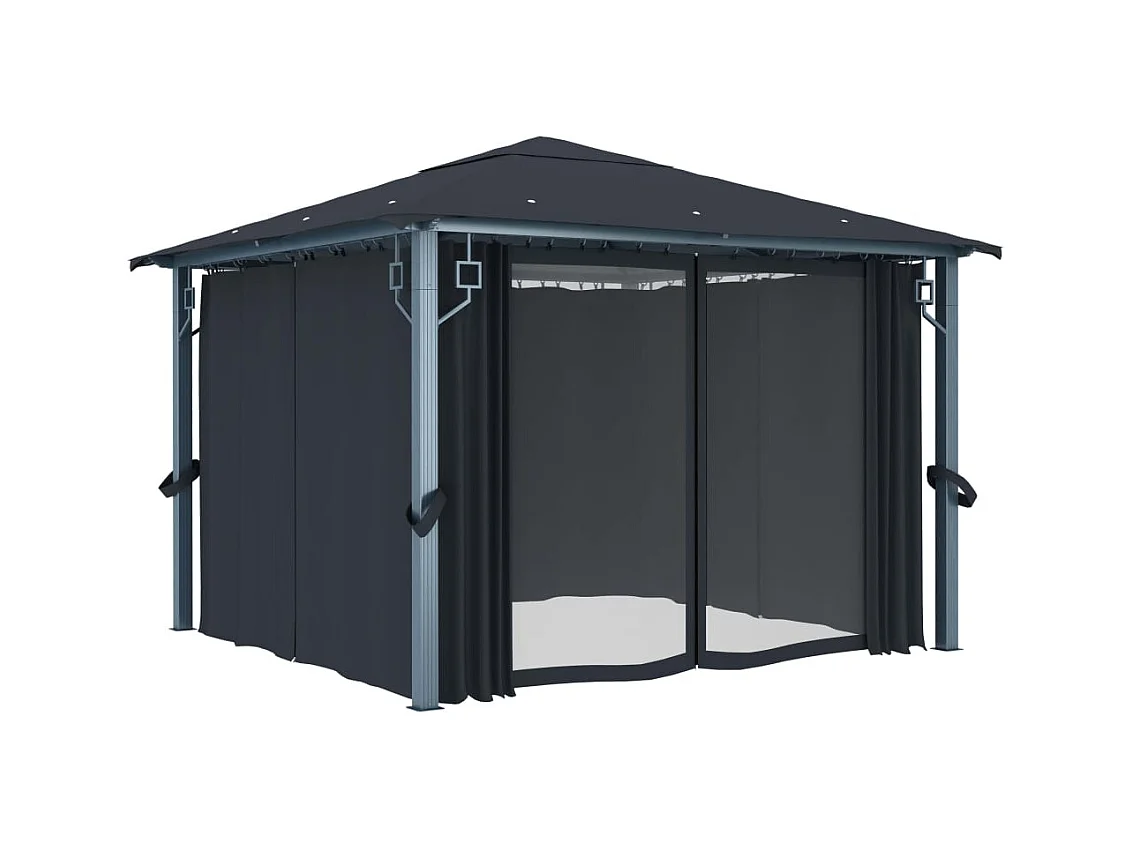 Pavillon mit Vorhang und LED-Beleuchtung 3x3 m Anthrazit Aluminium