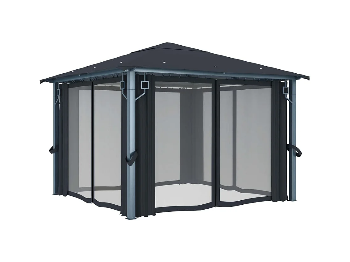 Pavillon mit Vorhang und LED-Beleuchtung 3x3 m Anthrazit Aluminium