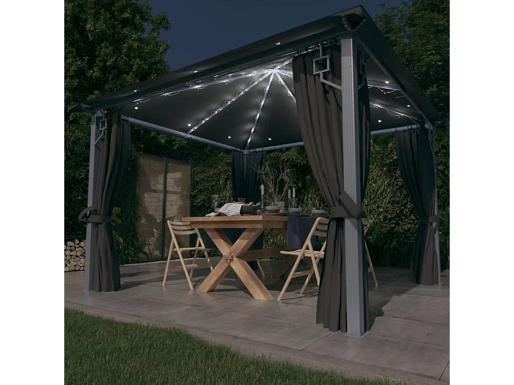 Tonnelle avec rideau et lumières LED 3x3 m Anthracite Aluminium