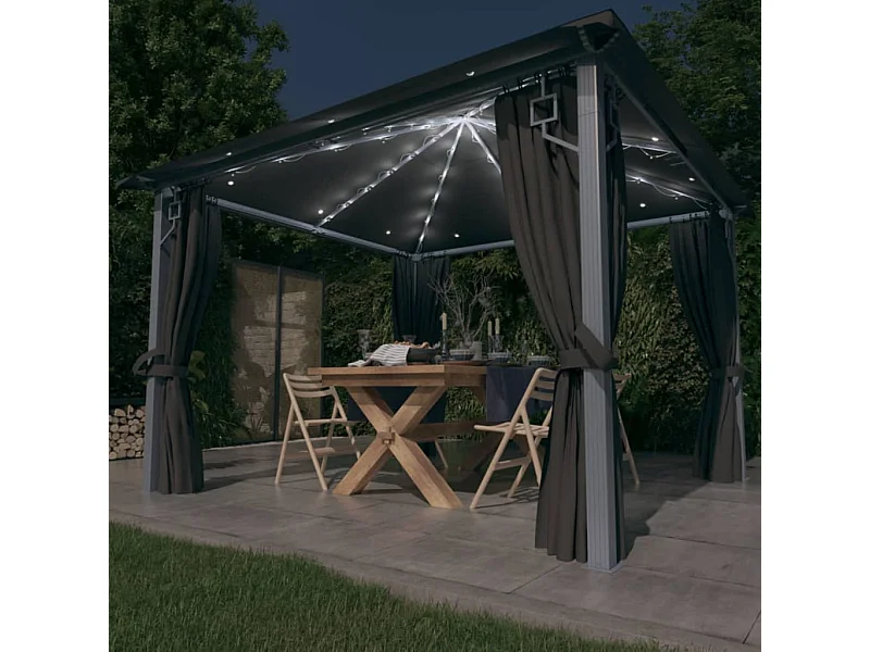 Tonnelle avec rideau et lumières LED 3x3 m Anthracite Aluminium