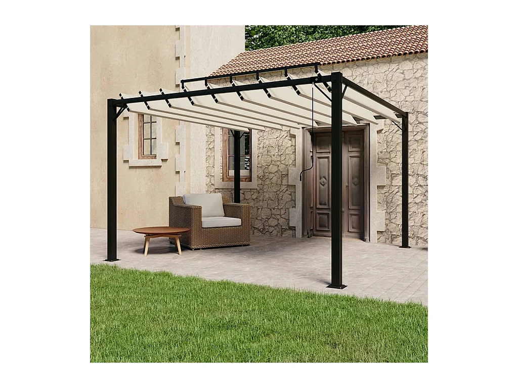 Gazebo de aluminio y lona color crema de 3 x 3 m con techo de lamas