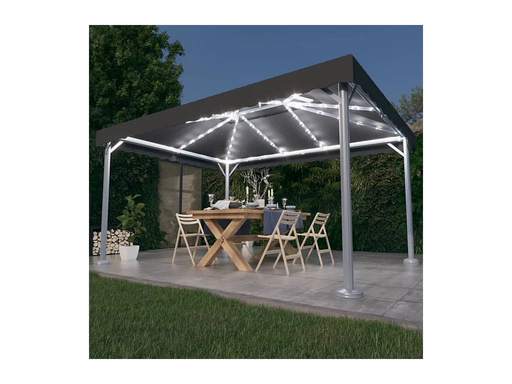 Pérgola y cadena de luces LED de aluminio antracita de 4 x 3 m