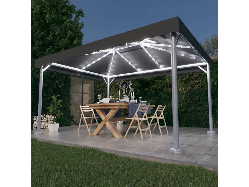 Pérgola y cadena de luces LED de aluminio antracita de 4 x 3 m