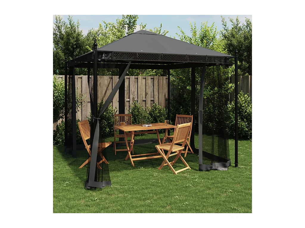 Cenador con paredes de malla antracita 2,93x2,93 m de acero