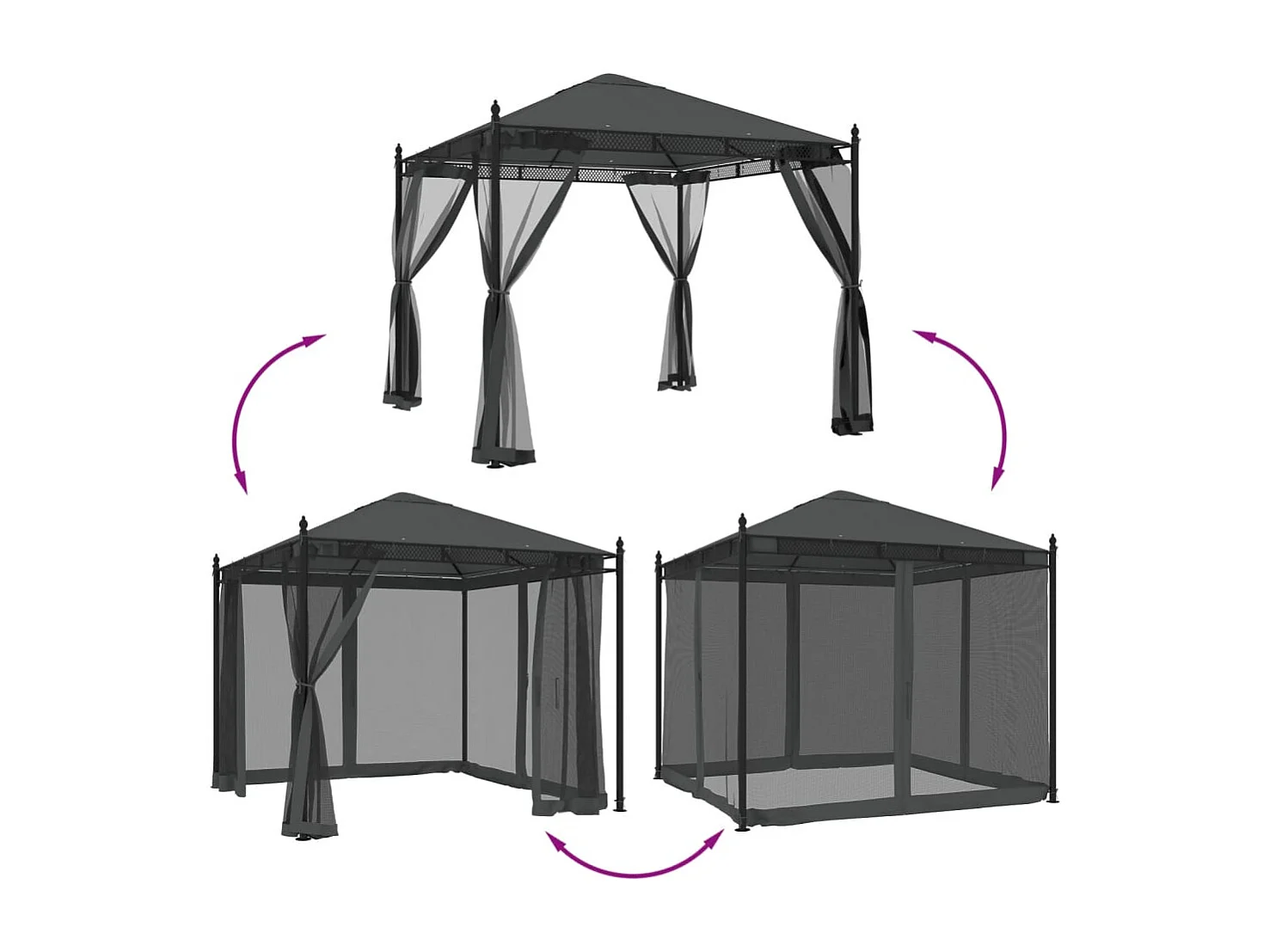 Cenador con paredes de malla antracita 2,93x2,93 m de acero