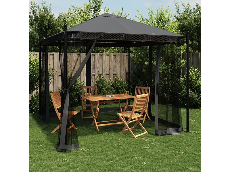 Gazebo con pareti in rete antracite 2,93x2,93 m in acciaio