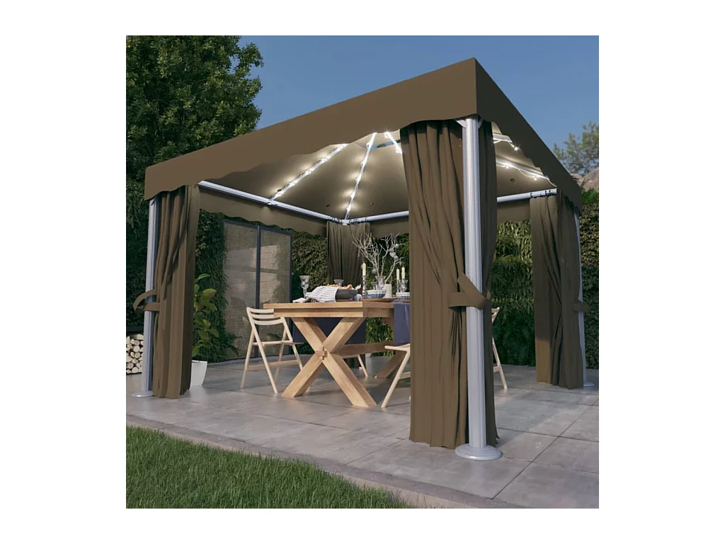 Cenador con cortina y guirnalda de luces LED 3x3 m Taupe