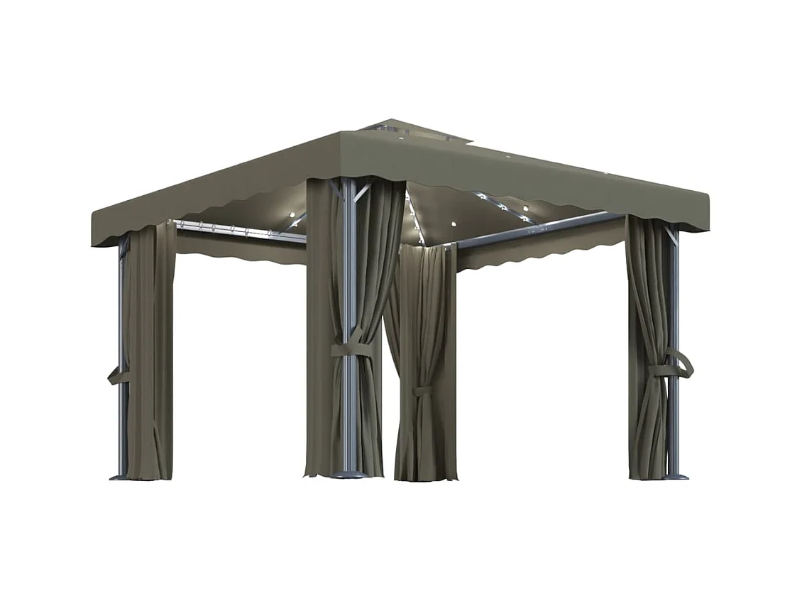 Cenador con cortina y guirnalda de luces LED 3x3 m Taupe