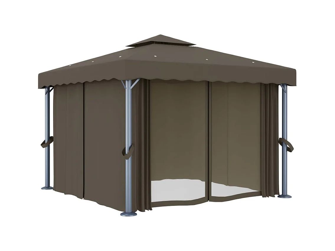 Cenador con cortina y guirnalda de luces LED 3x3 m Taupe