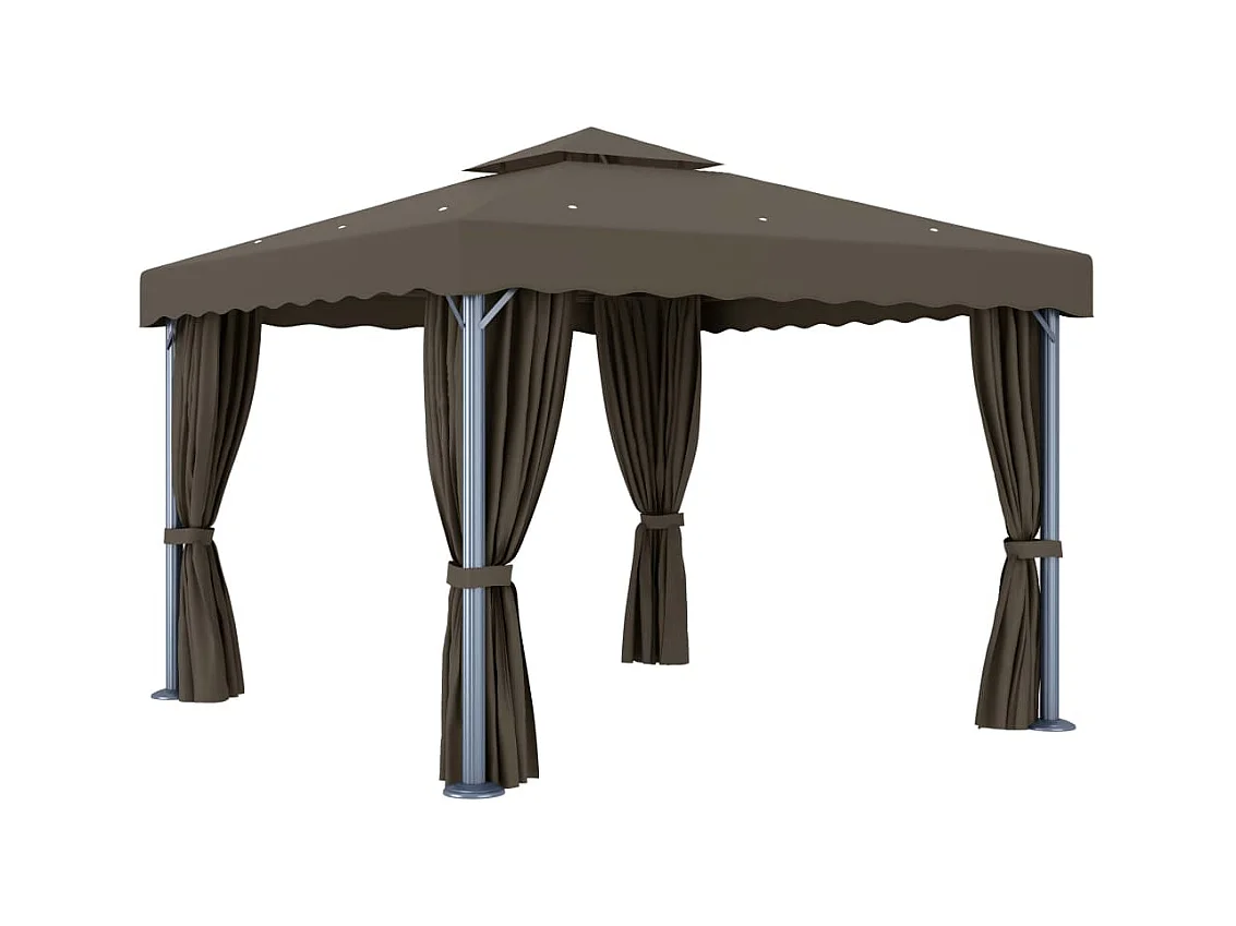 Cenador con cortina y guirnalda de luces LED 3x3 m Taupe