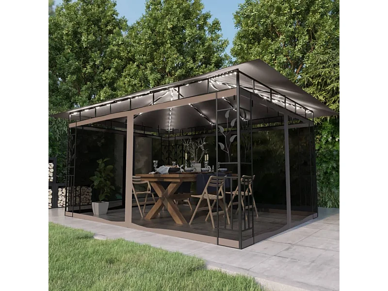 Gazebo met klamboe en LED-verlichting 4x3x2,73 m Taupe