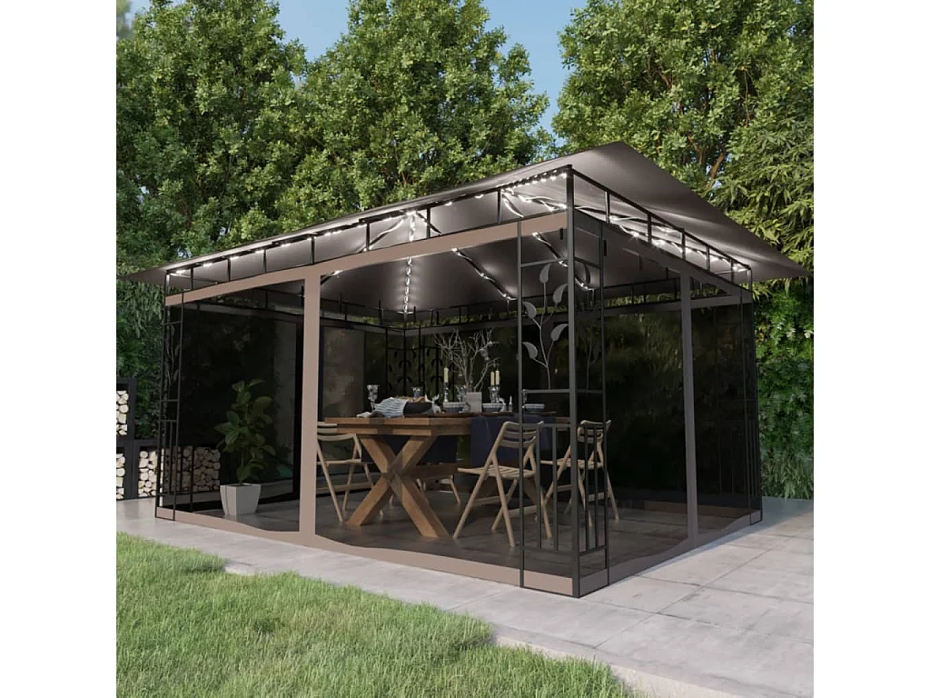 Gazebo con zanzariera e luci LED 4x3x2,73 m Tortora