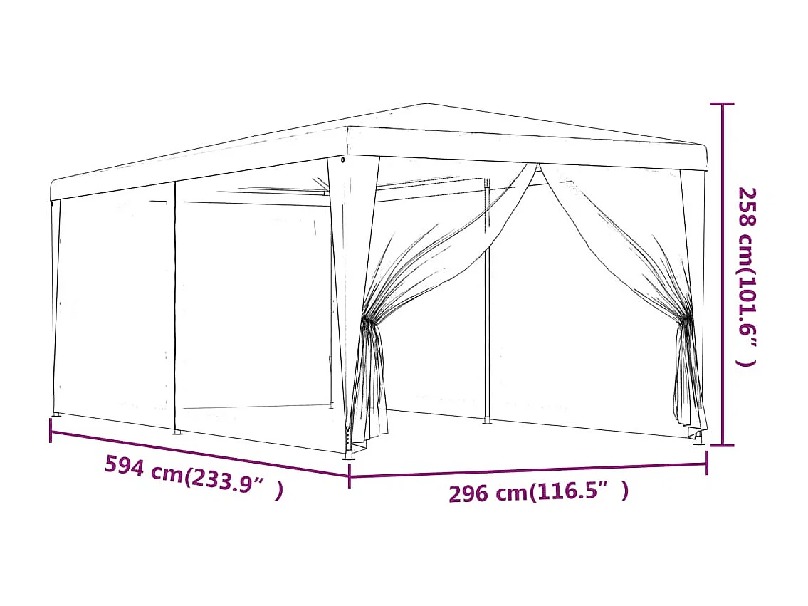 Carpa para fiestas con 6 paredes laterales de malla roja 3x6m HDPE