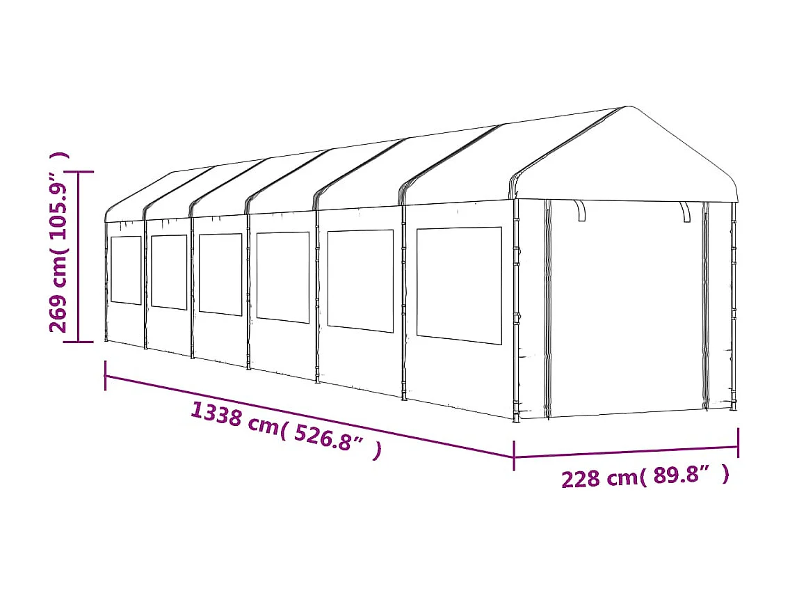 Cenador con techo blanco 13,38x2,28x2,69 m polietileno