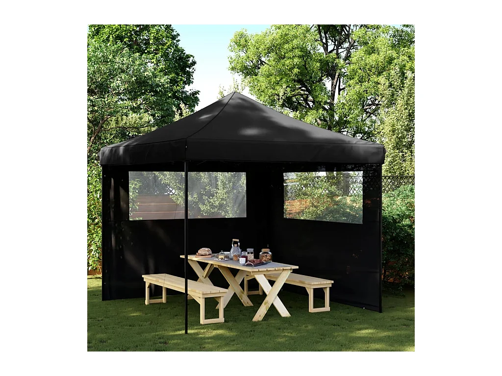 Carpa de recepción plegable emergente negra con 2 paredes laterales