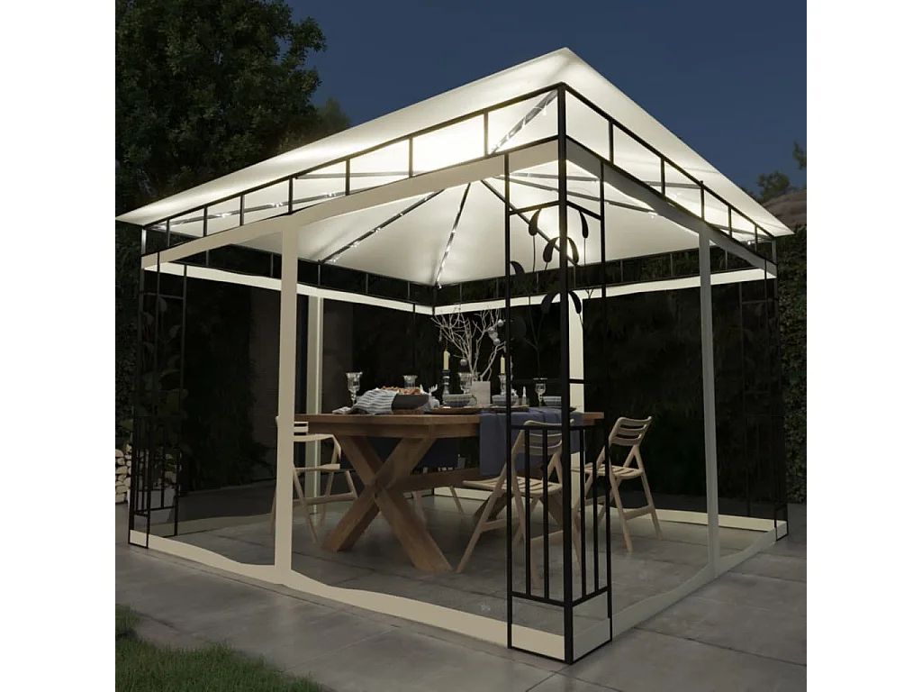 Gazebo con zanzariera e luci LED 3x3x2,73 m Crema