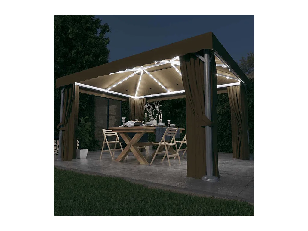 Gazebo met gordijn en LED-lichtslinger 4x3 m Taupe
