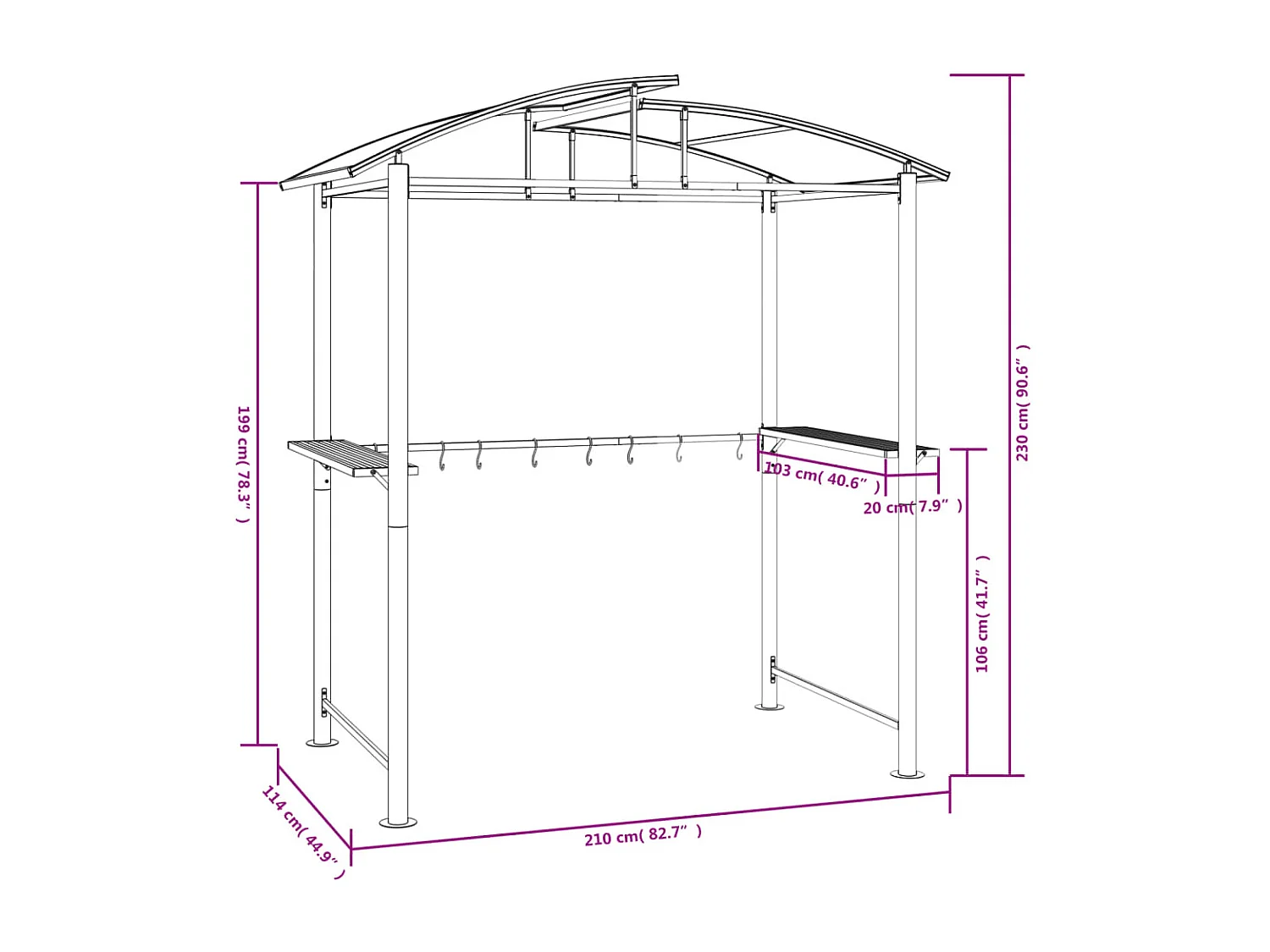 Gazebo BBQ et étagères latérales anthracite 210x114x230cm acier