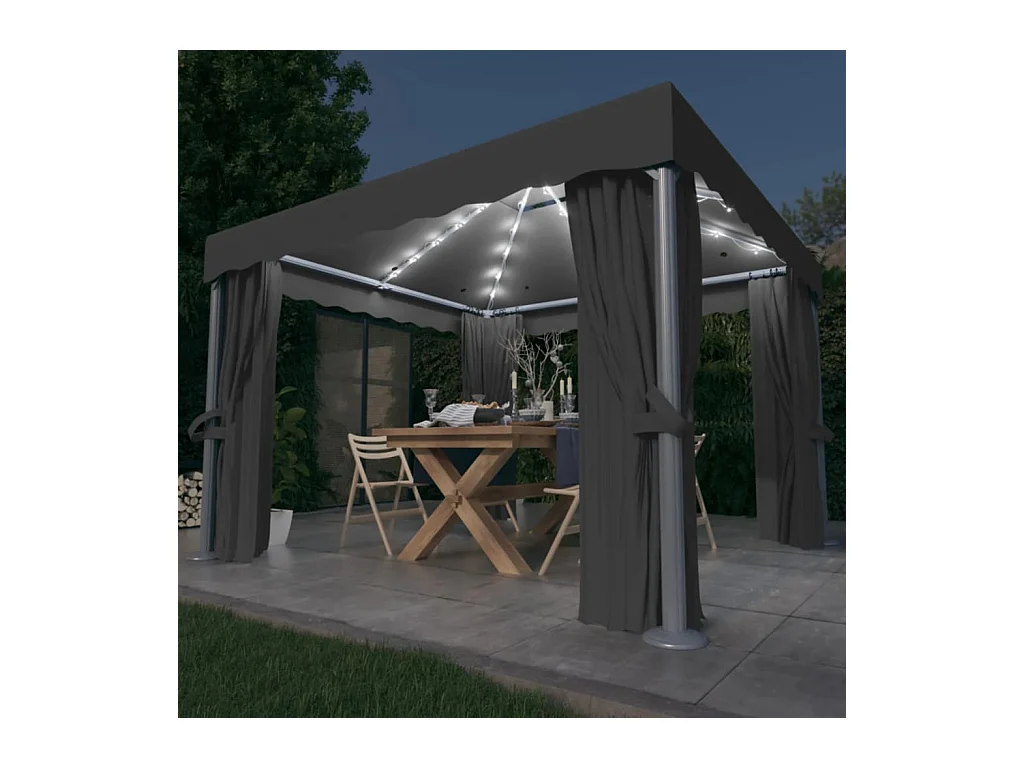Cenador con cortina y guirnalda de luces LED 3x3m Antracita