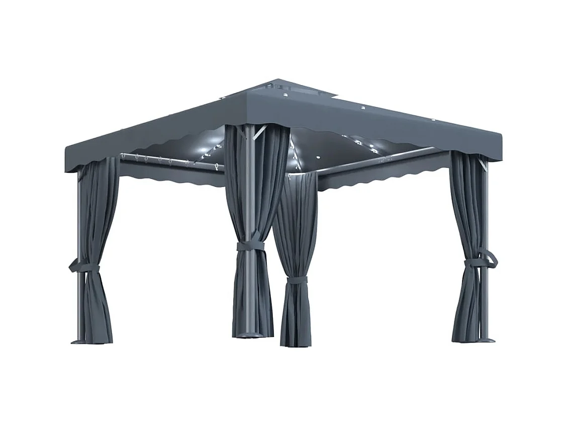 Cenador con cortina y guirnalda de luces LED 3x3m Antracita