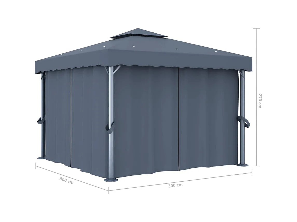 Cenador con cortina y guirnalda de luces LED 3x3m Antracita