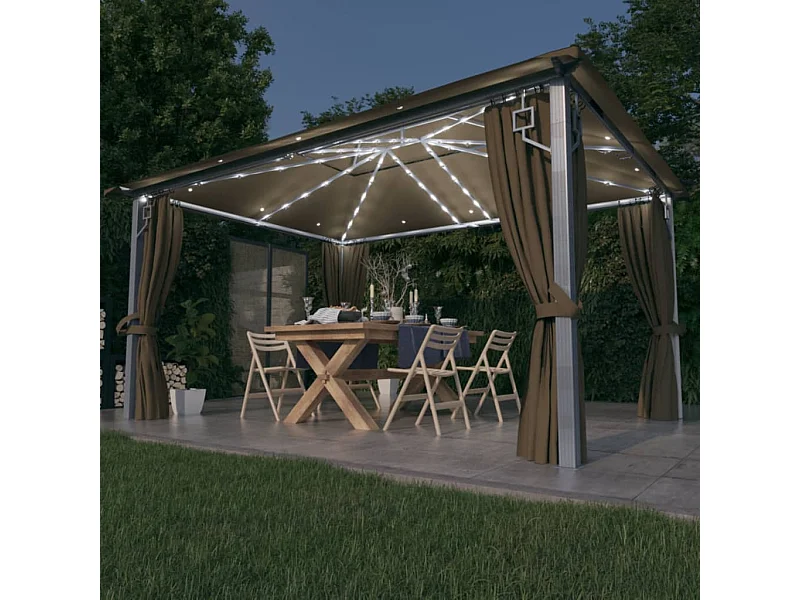 Gazebo con cortina y luces LED 4x3 m Aluminio Taupe