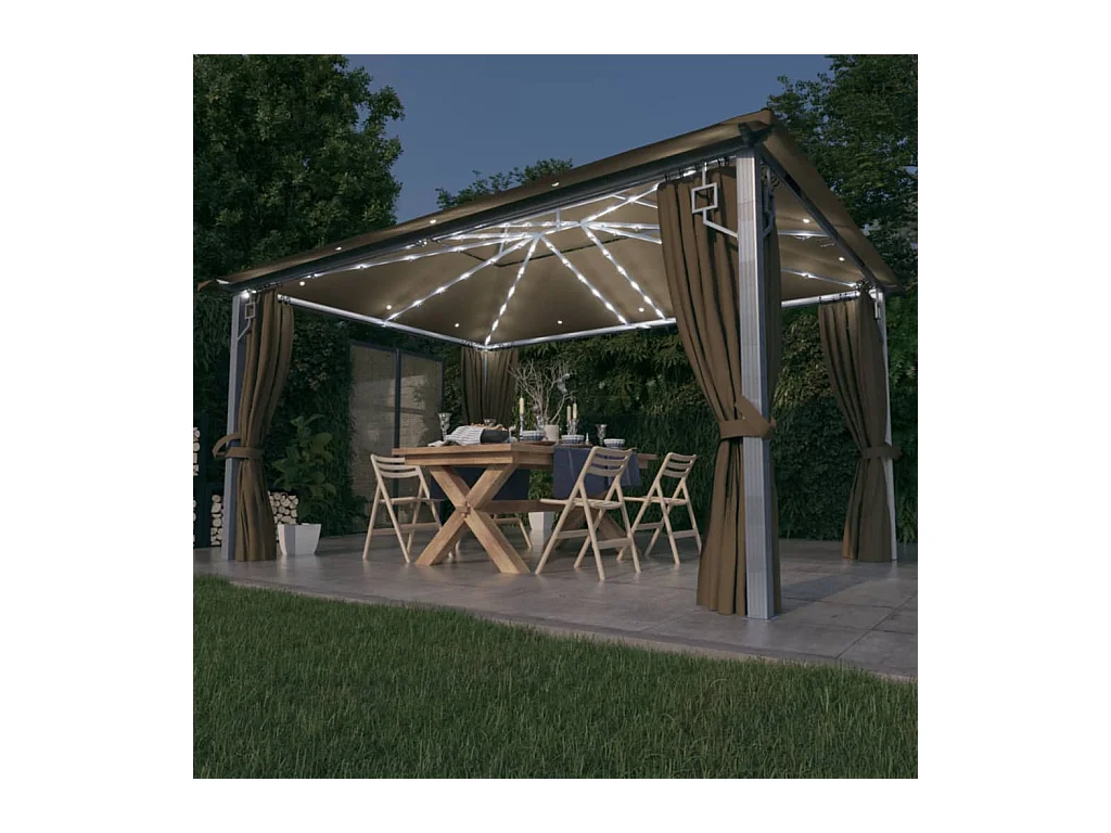 Tonnelle avec rideau et lumières LED 4x3 m Taupe Aluminium