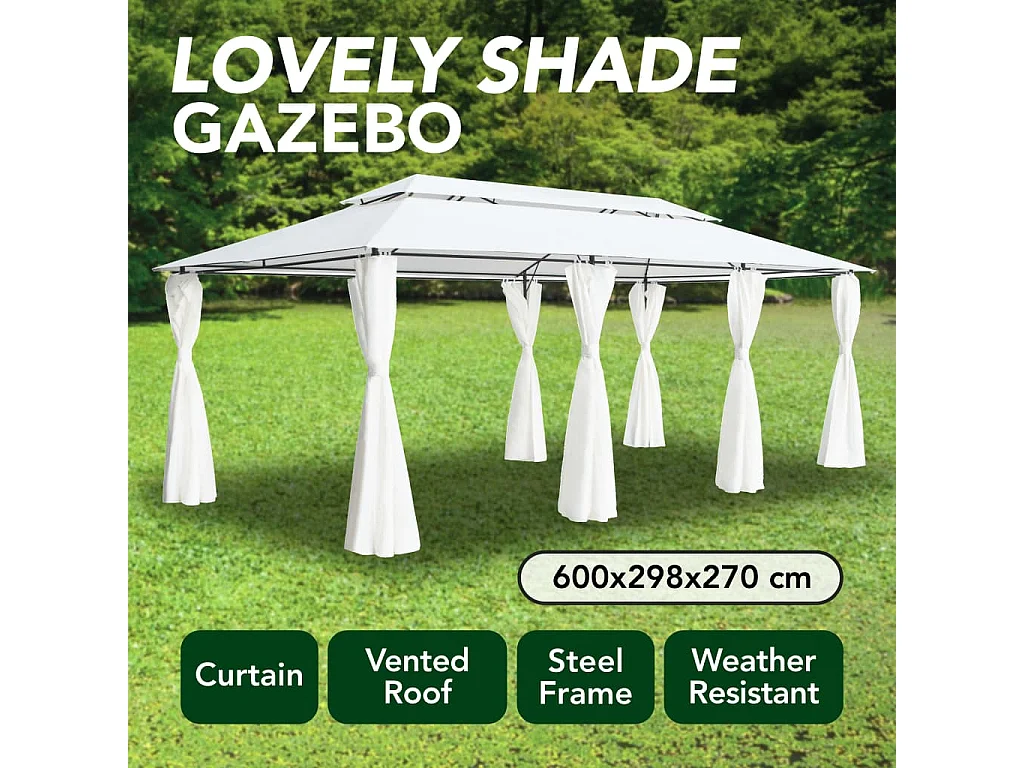 Cenador con cortinas 600x298x270 cm Blanco 180 g/m²