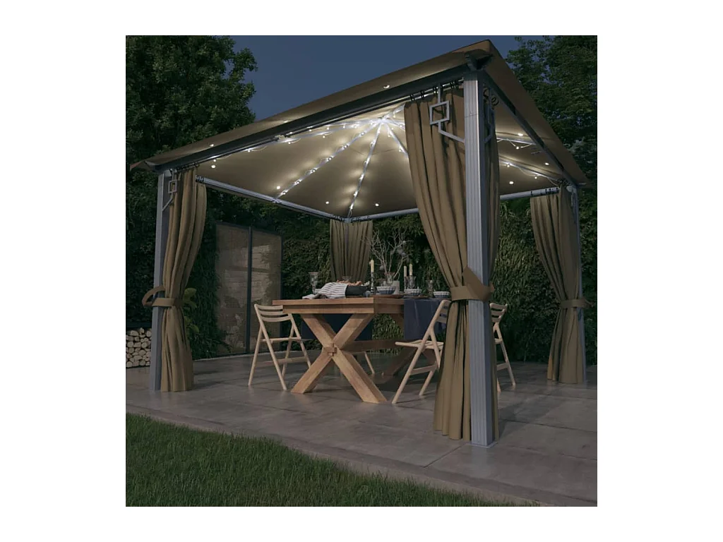 Gazebo con cortina y luces LED 3x3 m Aluminio Taupe