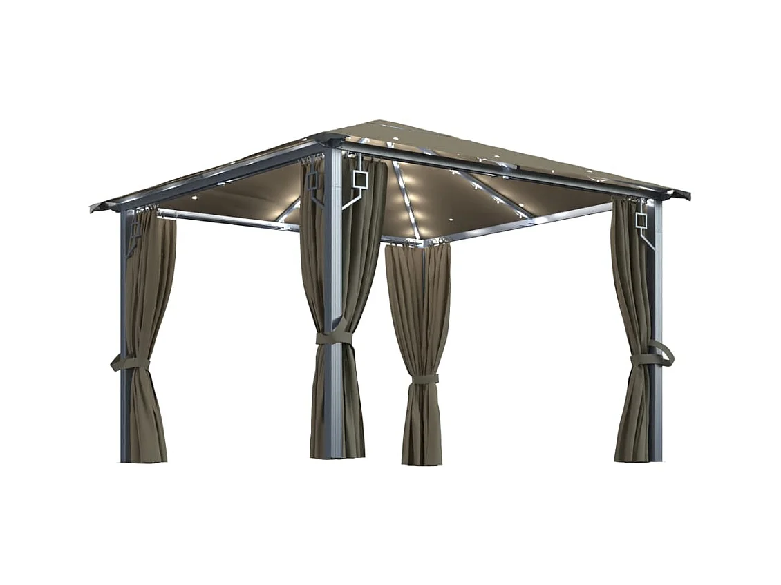 Gazebo con cortina y luces LED 3x3 m Aluminio Taupe