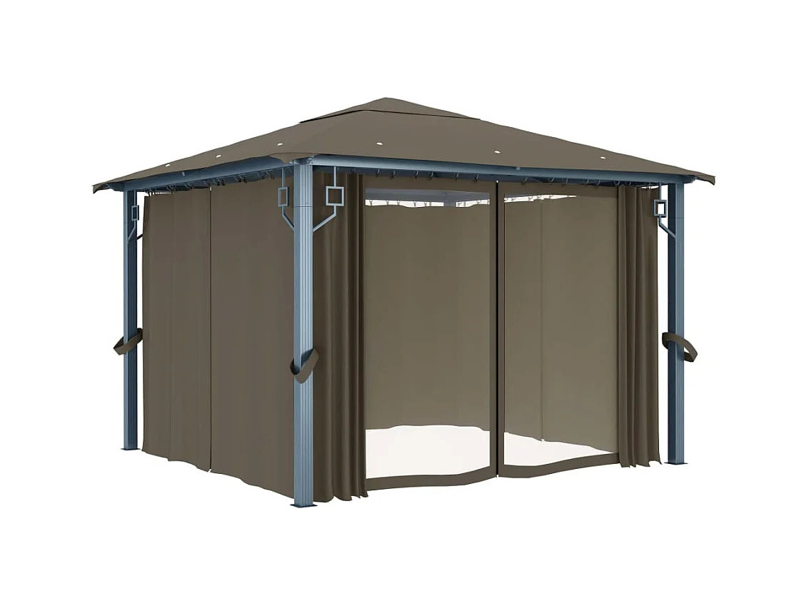 Gazebo con cortina y luces LED 3x3 m Aluminio Taupe