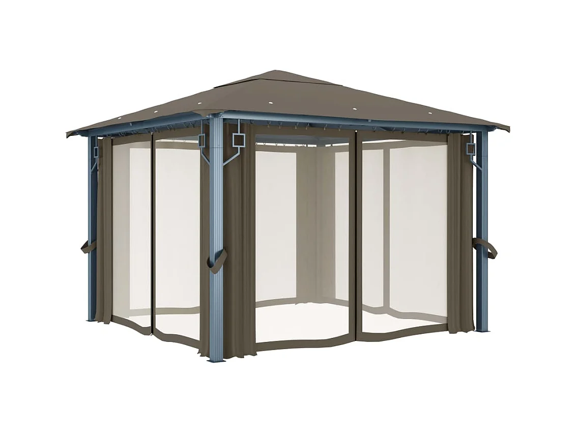 Gazebo con cortina y luces LED 3x3 m Aluminio Taupe