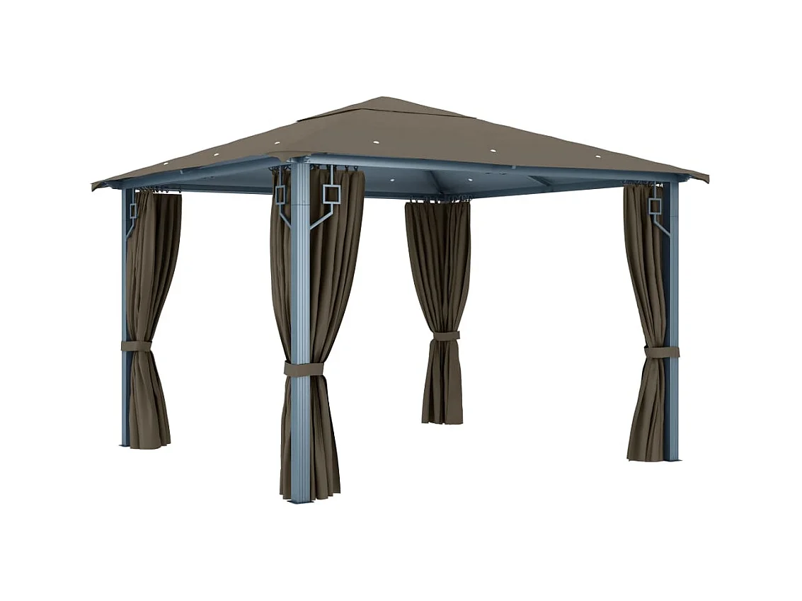 Gazebo con cortina y luces LED 3x3 m Aluminio Taupe