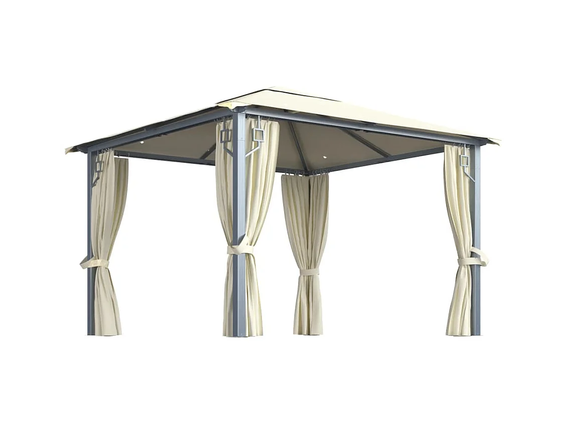 Gazebo in alluminio color crema 3x3 m con tenda e luci LED